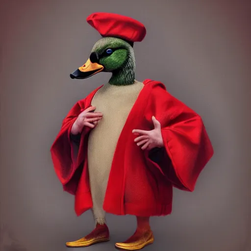 Image similar to portrait of cute mallard duck, wearing cultist red robe, doing witchcraft, expressive oil painting, digital art, octane render