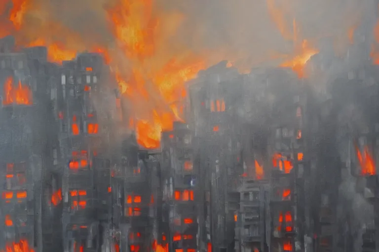 Prompt: buildings on fire, medium shot, realistic, oil on canvas, 8k high def, macro detail