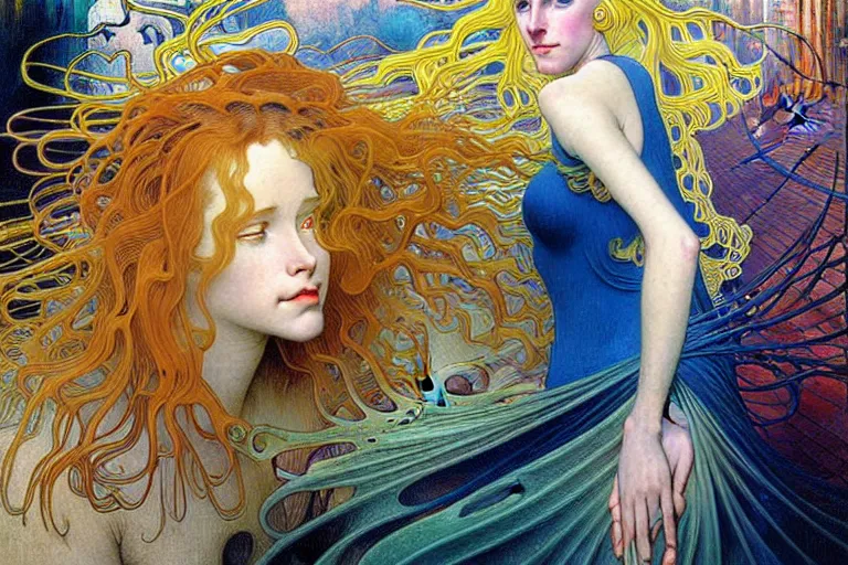 Image similar to realistic extremely detailed full length portrait painting of a girl with blond hair in a crowded modern sci-fi city street by Jean Delville, Amano, Yves Tanguy, Alphonse Mucha, Ernst Haeckel, Edward Robert Hughes, Roger Dean, rich moody colours, blue eyes