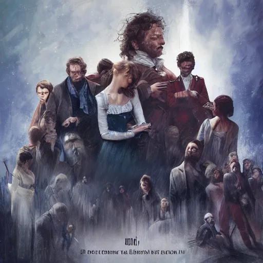 Image similar to les miserables in the 23rd century, artstation, album cover, digital oil on canvas