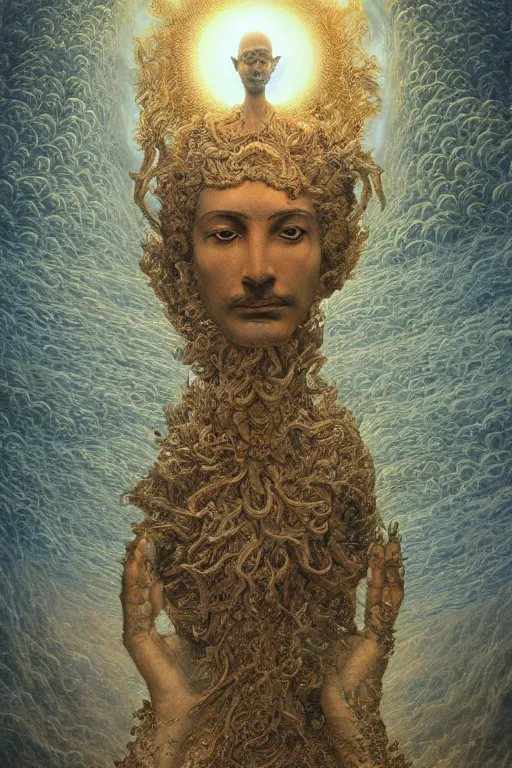 Image similar to Intricate stunning highly detailed deity by agostino arrivabene and Vladimir Kush, surreal sculpture, ultra realistic, Horror vacui, dramatic lighting, full moon, thick black swirling smoke tornado, burning fire embers, artstation