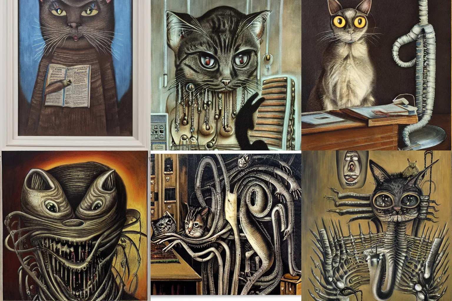 Prompt: the cat was the only reason the accounting department functioned at all, kid lit, HR Giger, oil on canvas