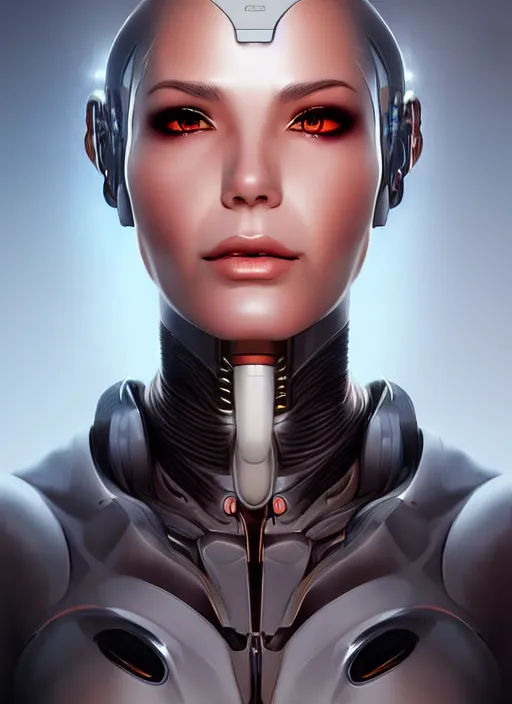 Image similar to portrait of a cyborg woman by Artgerm, (((((face turns left))))) ((((face turns right)))), eyes closed , biomechanical, hyper detailled, trending on artstation