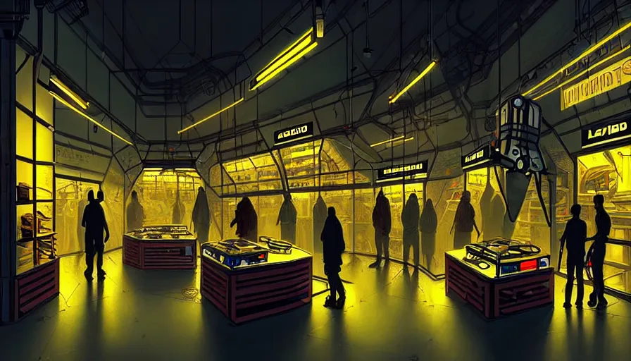 Image similar to inside a robotic shop store in The City of Lisbon at night with a few customers, extreme plus resolution scifi concept art, intricate details to everything visible, sharp lighting, Dramatic light by denis villeneuve, strong emphasis on alphonse mucha, Makoto Shinkai