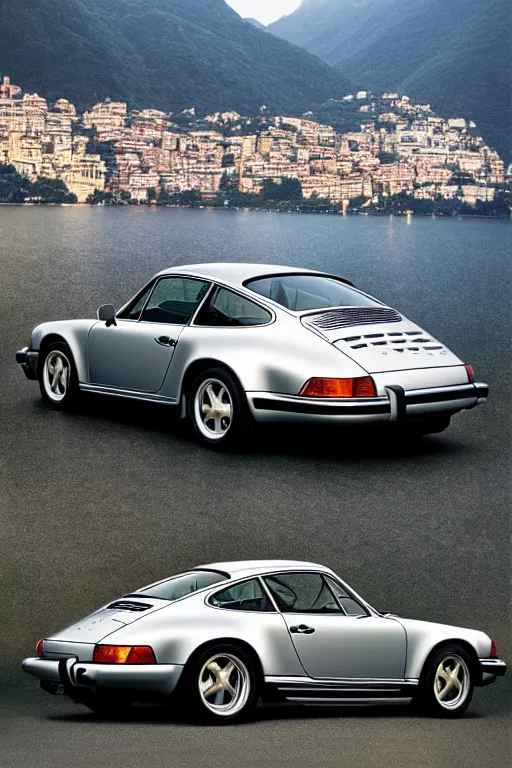 Image similar to Photo of a silver Porsche 911 Carrera 3.2, Lake Como in the background, daylight, dramatic lighting, award winning, highly detailed, 1980s Versace ad, fine art print, best selling.