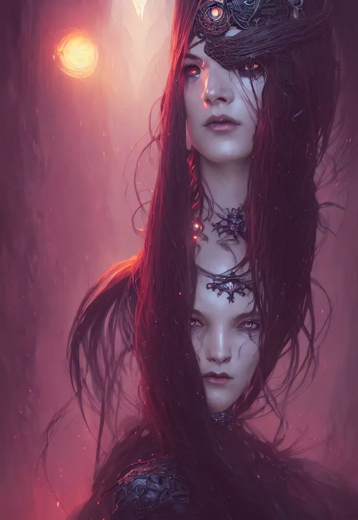 Image similar to Necromancer Sorceress eyes, fantasy magic, undercut hairstyle, dark light night, intricate, elegant, sharp focus, illustration, highly detailed, digital painting, concept art, matte, art by WLOP and Artgerm and Greg Rutkowski and Alphonse Mucha, masterpiece