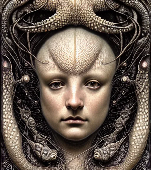 Prompt: detailed realistic beautiful gecko goddess face portrait by jean delville, gustave dore, iris van herpen and marco mazzoni, art forms of nature by ernst haeckel, art nouveau, symbolist, visionary, gothic, neo - gothic, pre - raphaelite, fractal lace, intricate alien botanicals, ai biodiversity, surreality, hyperdetailed ultrasharp octane render