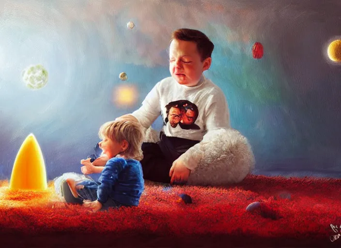 Image similar to toddler elon musk sitting on a shaggy rug playing with his little space rockets, realistic painting, beautiful soft lighting, istvan sandorfi