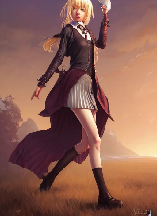 Image similar to portrait of a full body of beautiful young female detective, d & d, sleeveless turtleneck, pleated skirt, fantasy, flat lighting, intricate, highly detailed, digital painting, artstation, concept art, smooth, sharp focus, illustration, misa amane, art by simon bisley and greg rutkowski and alphonse mucha, natural tpose