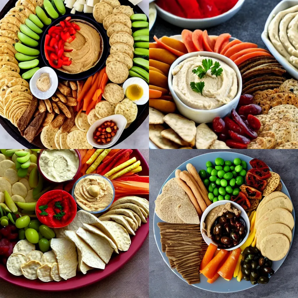 Prompt: a delicious hummus platter