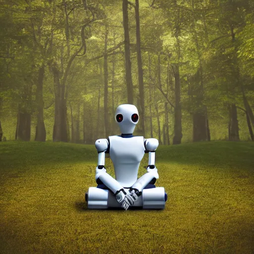 Image similar to professionnal photo of highly detailed robot sitting cross legged with its head pointing down on a small hill in a fantasy forest with blooming trees