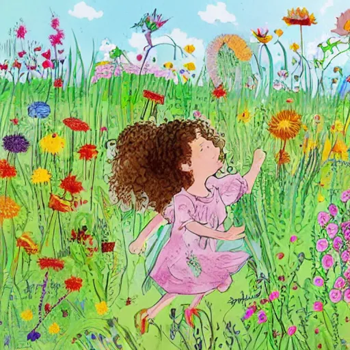 Image similar to a little girl with curly brown hair running through a field of flowers, highly detailed very beautiful fun children's book illustration by quentin blake