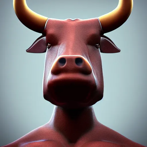 Prompt: a tall bull android, 3 d, depth of field, octane render, symmetrical, hyper realism, highly detailed, digital art, artstation, concept art, cinematic lighting, trending