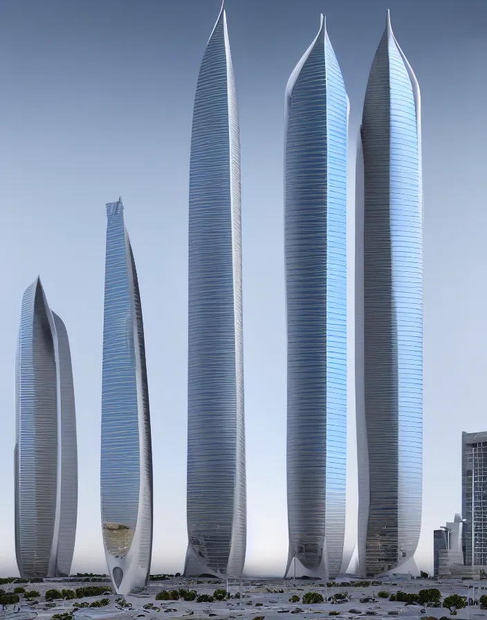 Image similar to al hamra tower, futuristic, evolution tower, santiago calatrava, futuristic tower architecture, 8 k render, beige in the middle of a spacious futuristic city