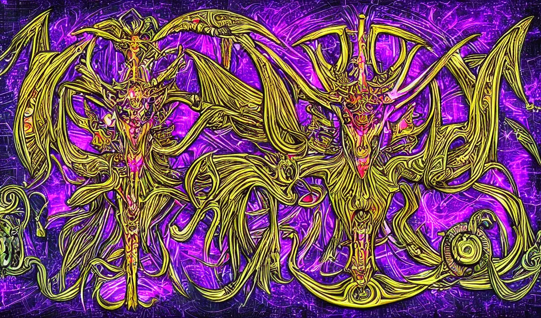 Prompt: biomechanical baphomet sigil merged with mainframe circuitry, multicolored digital art
