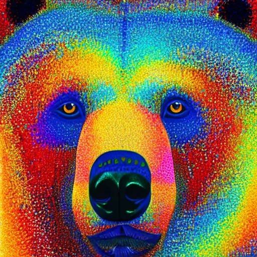 Image similar to a painting of a bear's face with red, yellow, and blue colors, a pointillism painting by mati klarwein, shutterstock contest winner, computer art, impressionism, digitally enhanced, painterly