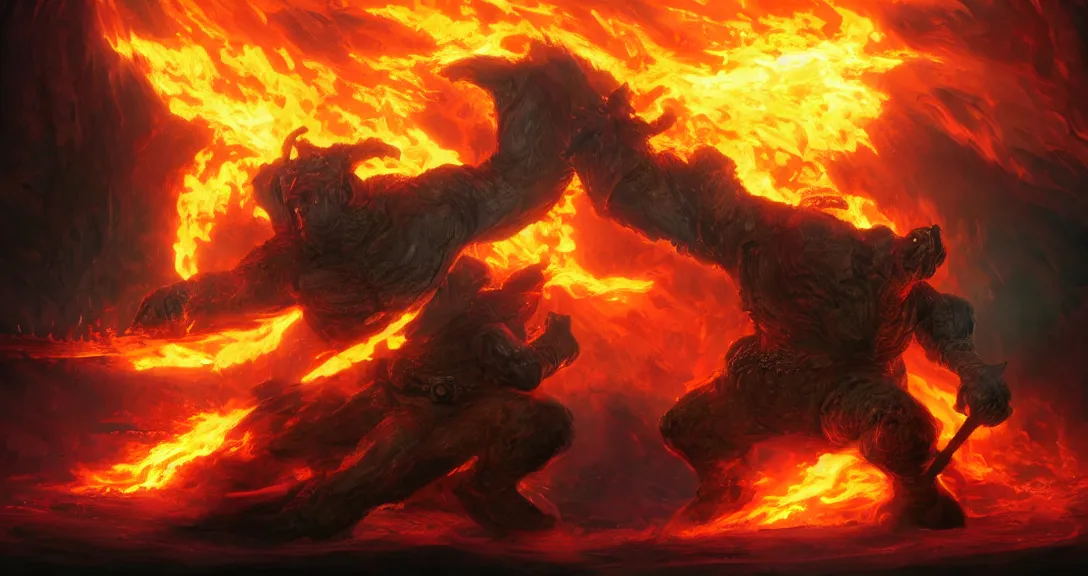 Image similar to balrog fighting link from the legend of zelda, lava, fire, flaming sword, intricate, detailed, volumetric lighting, scenery, hellscape, digital painting, highly detailed, artstation, sharp focus, illustration, concept art, ruan jia, steve mccurry