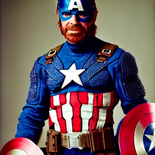 Prompt: uhd candid photo of chuck norris dressed as captain america, wearing extremely intricate costume. photo by annie leibovitz