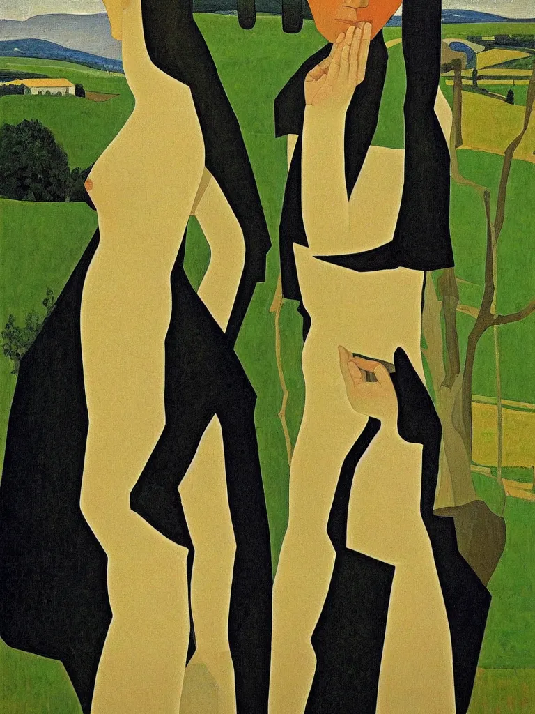 Image similar to a painted portrait of a women in a beautiful landscape by felice casorati, aesthetically pleasing and harmonious colors, expressionism