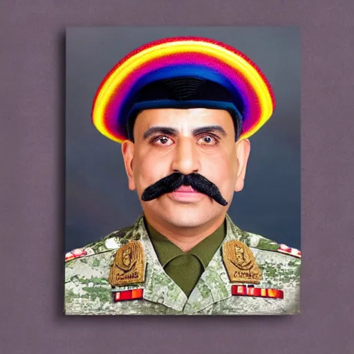 Image similar to professional portrait of an arab military general with a big mustache wearing a beret, rainbow background, 8 k, intricate, detailed,