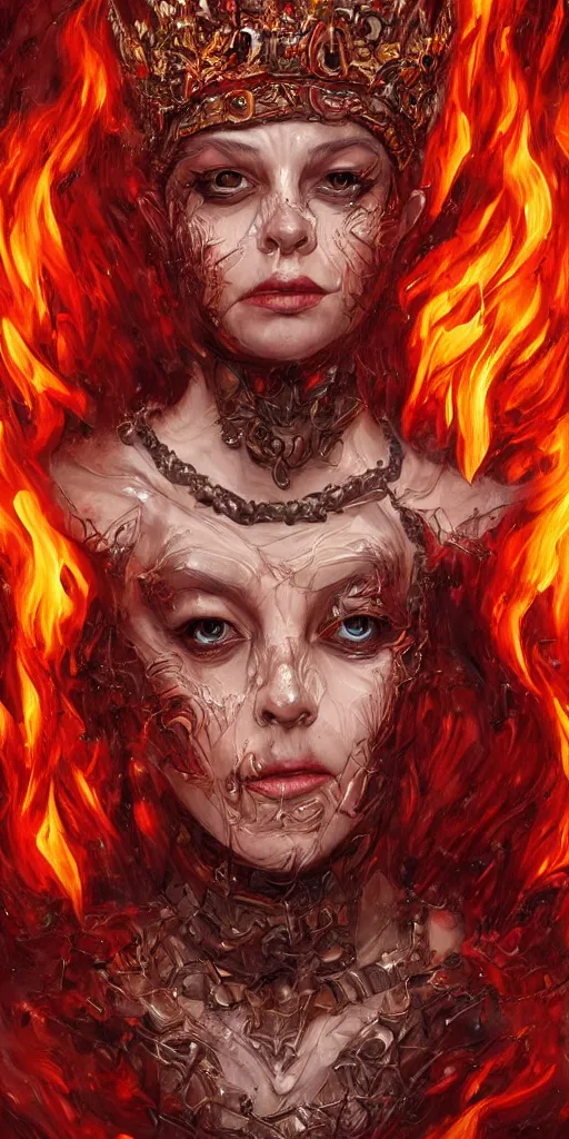 Prompt: Fantasy character portrait of distorted detailed painting of a queen woman made of fire, hyper detailed, red flames, trending on Artstation