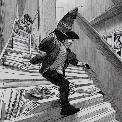 Prompt: a wizard running down a flight of stairs and dropping a bunch of books by Kim Jung gi