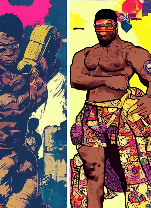 Prompt: chidi igwe. buff cyberpunk weight lifter. portrait illustration, pop art, splash painting, art by geof darrow, ashley wood, alphonse mucha, makoto shinkai ( apex legends )