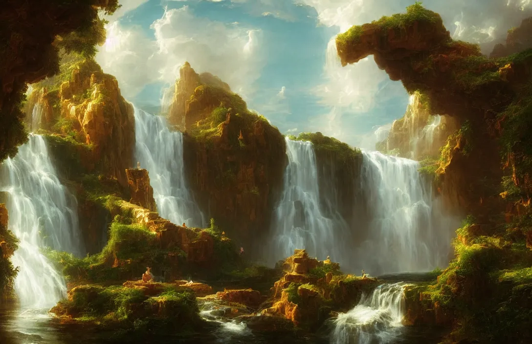 Prompt: a huge arc far away in a thomas cole inspired landscape, detailed dreamscape, hyperreal phantastic landscape, intricate details in environment, golden ratio, high aestehtic, waterfall cascades, cinematic light dramatic light, lightrays, trending on artstation