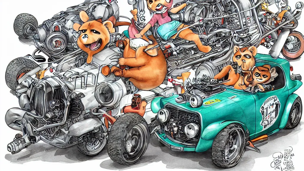 Image similar to cute and funny, racoon riding in a tiny hot rod coupe with oversized engine, ratfink style by ed roth, centered award winning watercolor pen illustration, third person isometric illustration by chihiro iwasaki, edited by range murata