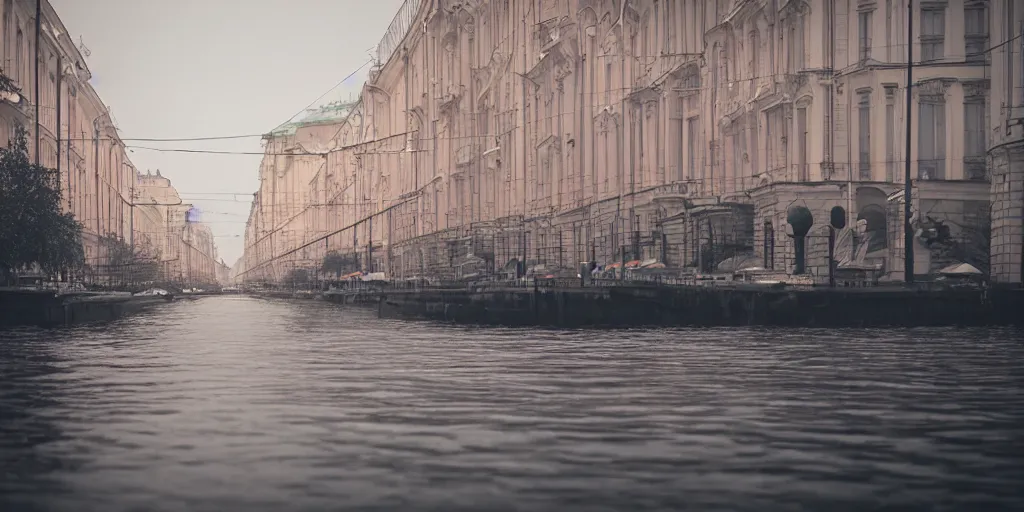 Image similar to cinematic street shot of a floating saint petersburg city, telephoto, anamorphic cinematography, beautiful composition, color theory, leading lines, photorealistic, moody volumetric lighting