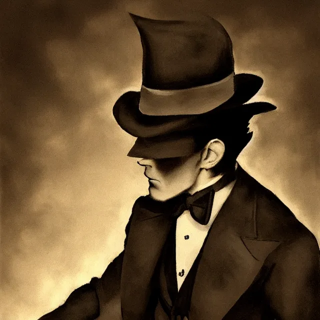 Image similar to photorealistic sepia full - head portrait of a 1 9 2 0 s era smirking male occultist, well dressed, long - tailed tuxedo coat, atmospheric lighting, dark, brooding, painted, intricate by frank frazetta, ultra detailed, well composed, best on artstation, cgsociety, epic, stunning, gorgeous, intricate detail, much wow, masterpiece