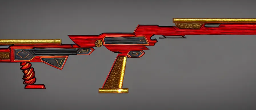 Image similar to a magical shotgun made from glossy red - painted wood and elements of gold metalwork, antique, sawed - off, double - barreled, glowing with blue elertcicity, video game concept art