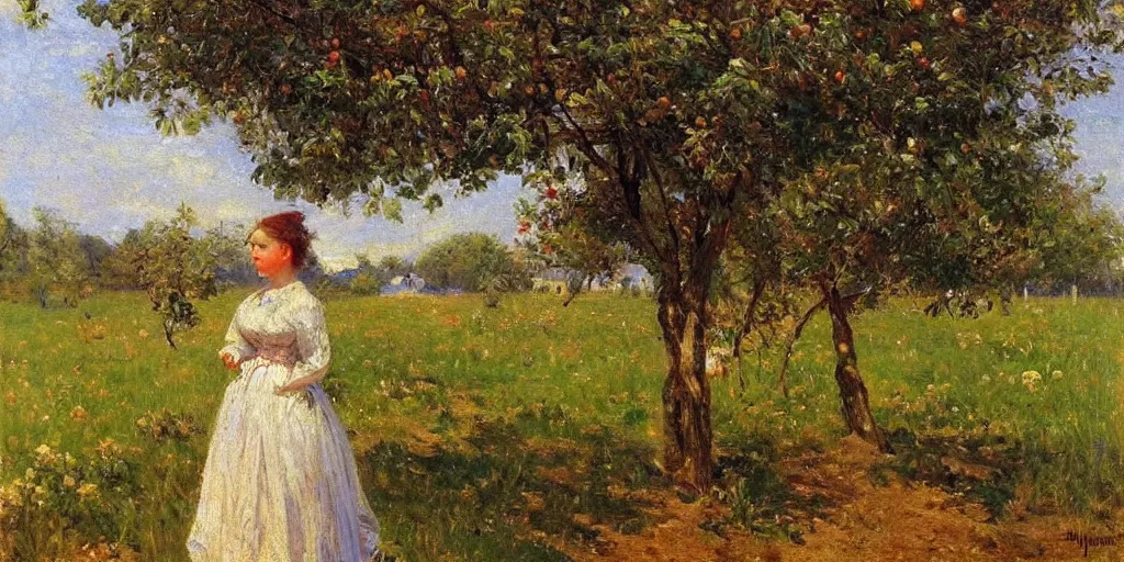 Image similar to portrait of a young woman in an orchard, impressionism, realism, landscape, portrait, romanticism, painting by nikolay makovsky