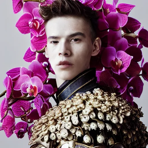 Prompt: a portrait of a beautiful young male wearing an alexander mcqueen armor made of orchids , photographed by andrew thomas huang, artistic