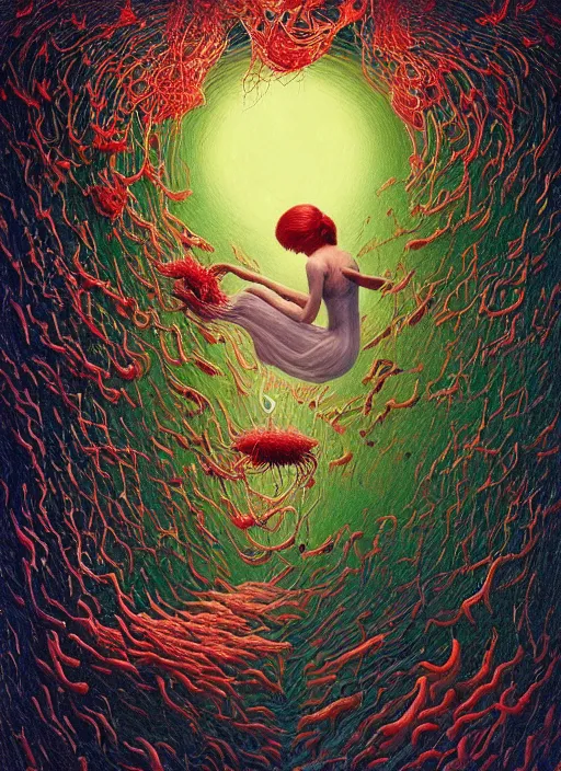 Image similar to hyper detailed 3d render like a Oil painting - Aurora (Singer) Eats of the Strangling Fruit and Her gossamer polyp blossoms bring iridescent fungal flowers whose spores black the foolish stars by Jacek Yerka, Mariusz Lewandowski, Abstract brush strokes, Masterpiece, Edward Hopper and James Gilleard, Zdzislaw Beksinski, Mark Ryden, Wolfgang Lettl, hints of Yayoi Kasuma, octane render, 8k