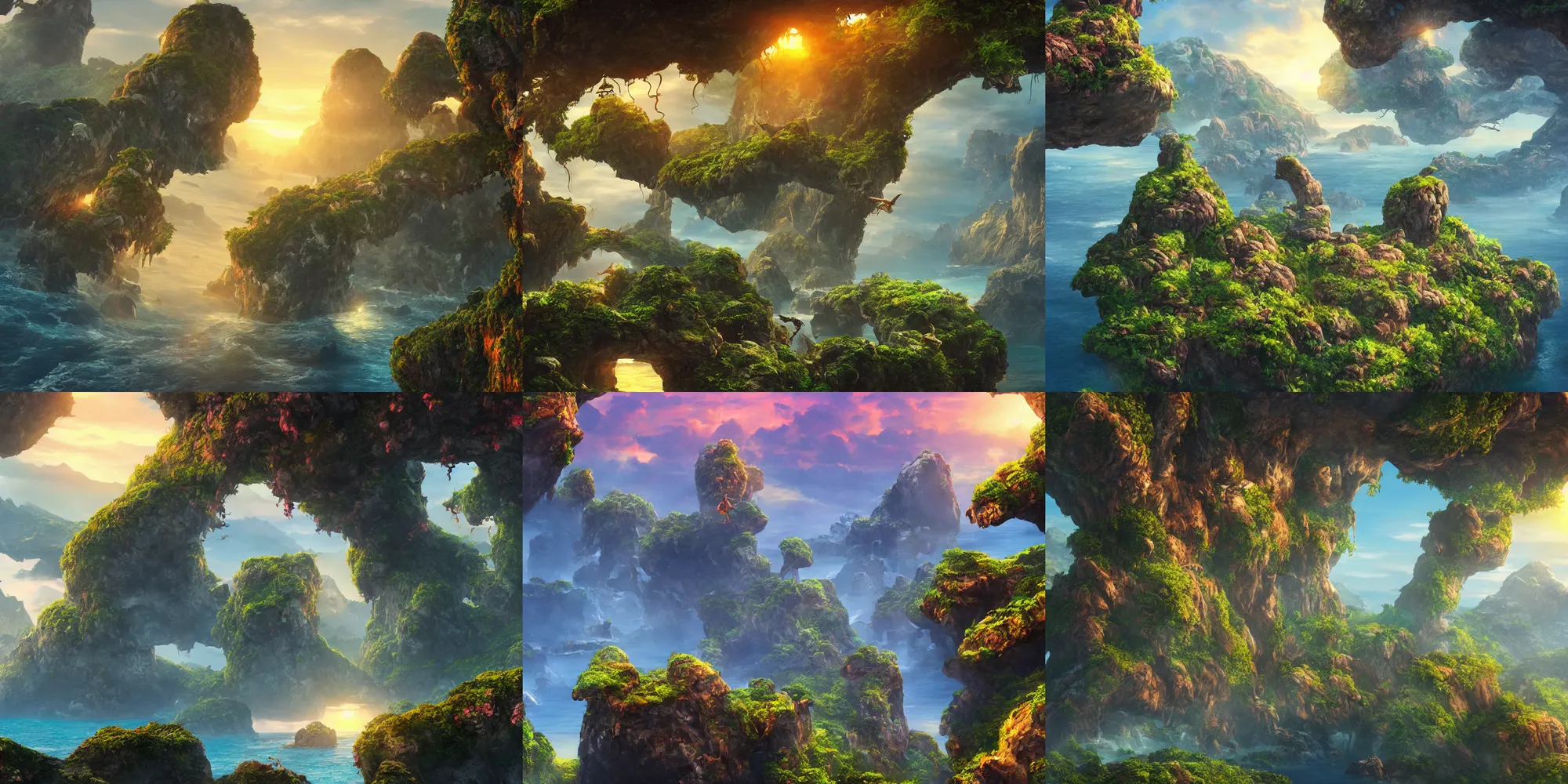 Prompt: flying rocky island, avatar, vines hanging down, cinematic, sunset, hyper-realistic, high resolution, concecpt art, artstation