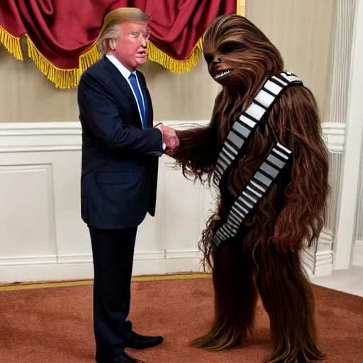 Image similar to high quality photo of chewbacca meeting the president of the united states of america , realism, 8k, award winning photo