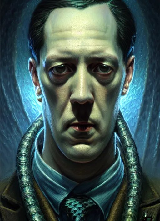 Image similar to portrait shot of h. p. lovecraft, a scenic dystopian environment, intricate, elegant, highly detailed, centered, digital painting, artstation, concept art, smooth, sharp focus, illustration, artgerm, tomasz alen kopera, peter mohrbacher, donato giancola, joseph christian leyendecker, wlop, boris vallejo