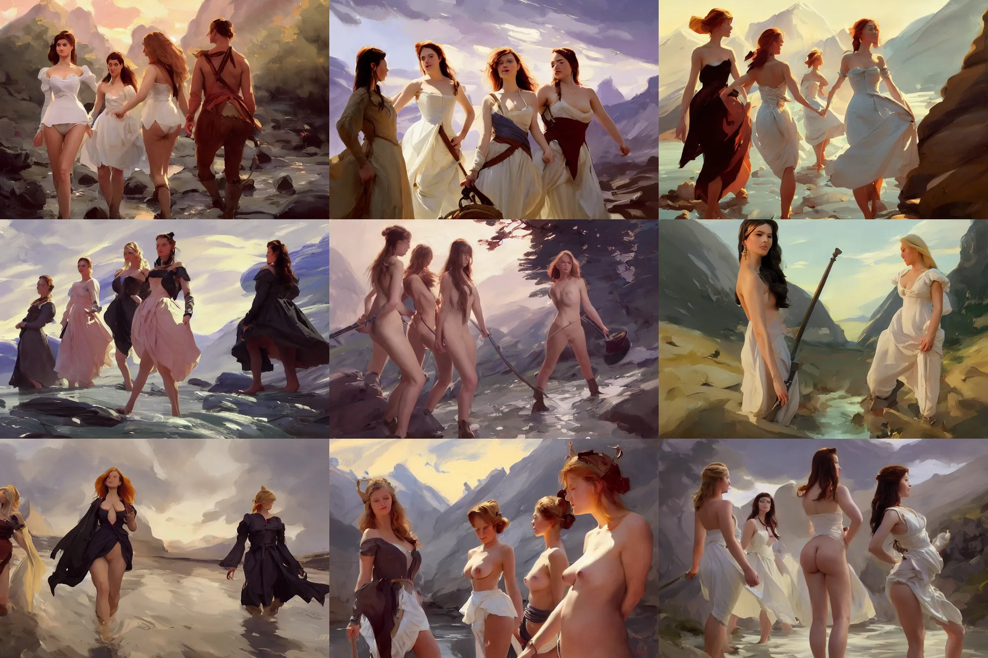 Prompt: three of finnish norwegian swedish scandinavian attractive glamour models wearing 1 7 th century bodice with low neckline walking across a river between mountains at sunset jodhpurs greg manchess painting by sargent and leyendecker, studio ghibli fantasy medium shot asymmetrical intricate elegant matte painting illustration hearthstone, by greg rutkowski by greg tocchini by james gilleard