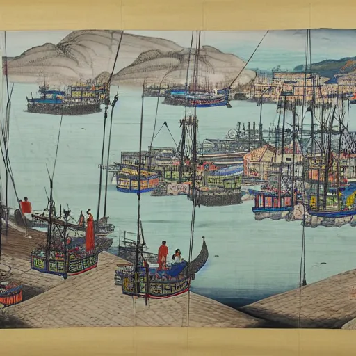 Prompt: a hanging scroll painting of a panorama of a tuna fishing port, by Ma Lin, ink and color on silk, detailed, landscape