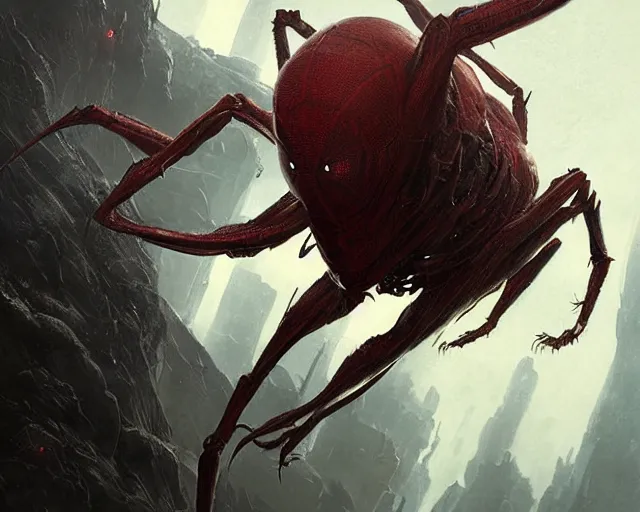 Prompt: spider - like alien creature, red, eyes growing on creature ; high detailed artwork by greg rutkowski ; sci - fi, detailed, scary, dangerous