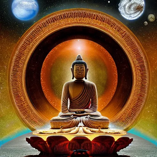 Prompt: all of the planets revolving around a giant Buddha, beautiful, oil on canvas, intricate, 8k highly professionally detailed, HDR, CGsociety