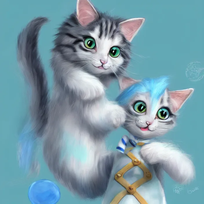 Image similar to cute cat of cheshire from alice in wonderland. an adorable cat with light blue stripes and a big human like playful smile. award - winning digital art, trending on artstation