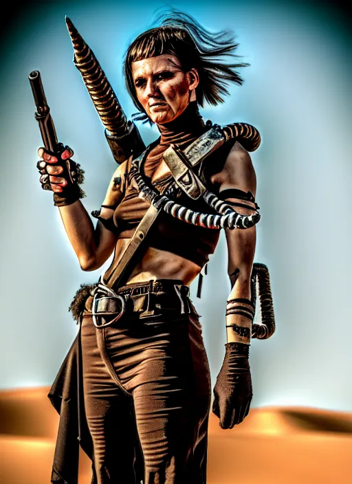 Image similar to mad max style warrior woman in desert _ unreal _ 5 _ daz. _ rpg _ portrait _ extremely _ detailed _ hyper real photo, shot with canon eos r 6