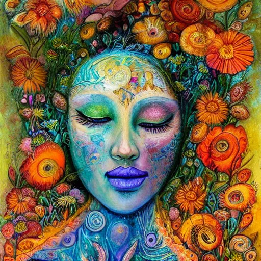 Image similar to a painting of a woman's face surrounded by flowers, a surrealist painting by josephine wall and ( ( ( alice mason ) ) ), deviantart, psychedelic art, psychedelic, biomorphic, detailed painting