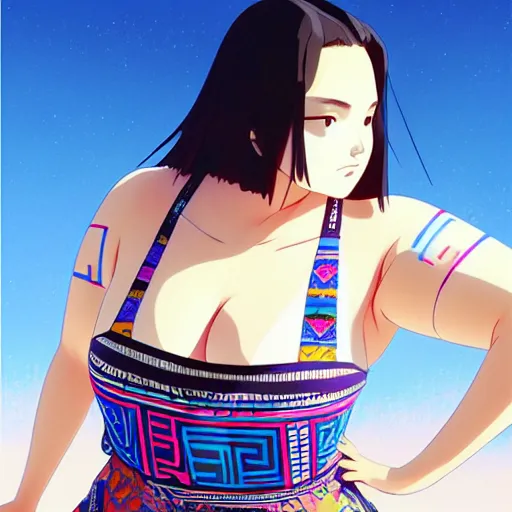 Image similar to a beautiful plus sized model japanese natalie portman, alluring plus sized model, wearing mayan leotard with overalls, street fashion hip hop style with mayan patterns, aztec street fashion, gapmoe yandere grimdark, trending on pixiv fanbox, painted by greg rutkowski makoto shinkai takashi takeuchi studio ghibli, akihiko yoshida