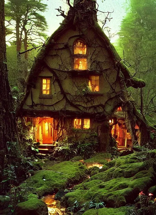 Image similar to hyper realistic homely witch cottage rococo in the woods gorgeous lighting, highly detailed, lush forest painting by norman rockwell, james gurney zdzisław beksinski and norman rockwell and greg rutkowskiweta studio