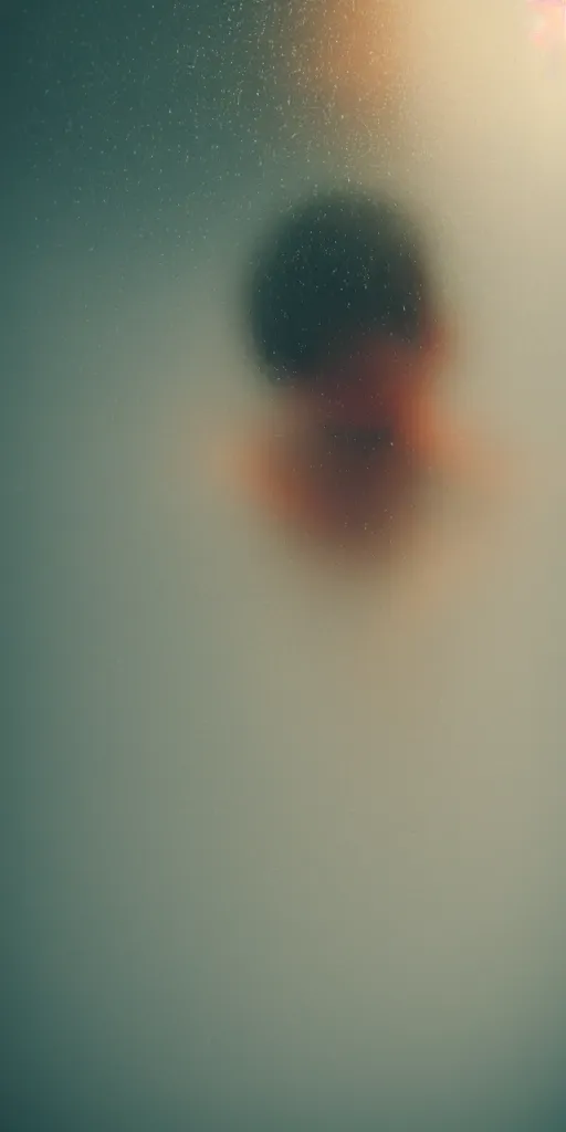 Image similar to a blurry closeup picture of grasping neck, dripping wet, no face, macro photography, long exposure photograph, surrealism, anamorphic bokeh, cozy, soft light, cyan and orange, caustic, atmospheric fog, octane render, cinematic