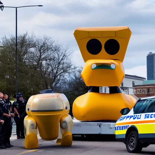 Image similar to giant duck shaped robot surrounded by police cars