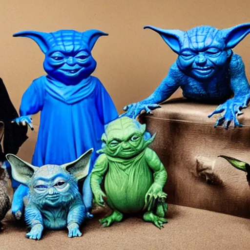 Image similar to blue Yoda surrounded by other members of his species of various colors